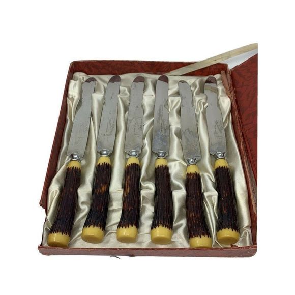 Rare VTG Glo-Hill FAUX STAG BONE And BAKELIGHT DINKEE KNIVES Boxed Set 6 - Picture 1 of 12